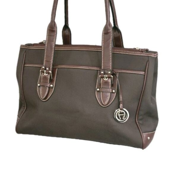 Etienne Aigner Vintage Leather & Canvas Tote Shoulder Bag Purse Brown Large - Picture 2 of 13